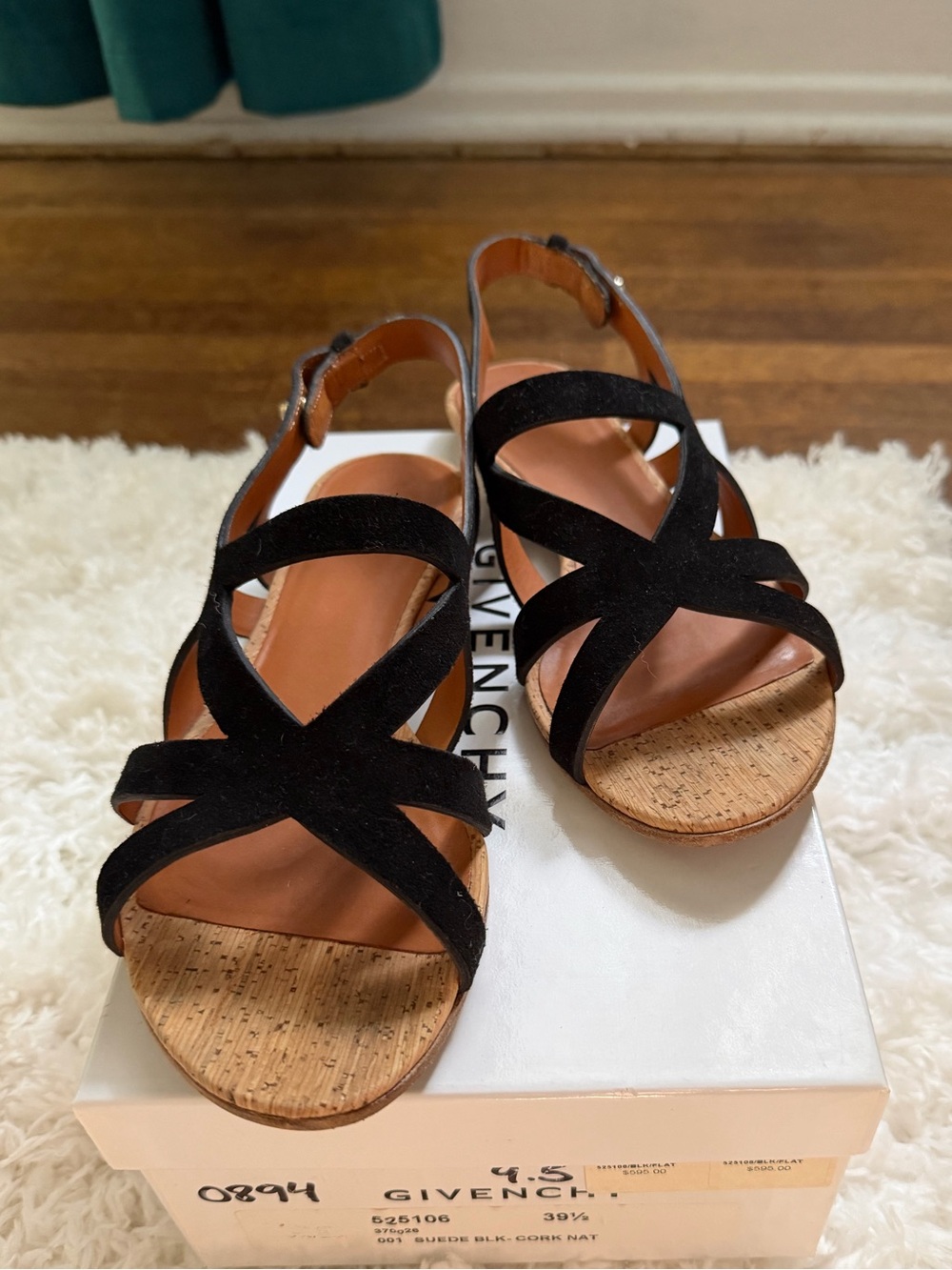 Givenchy Black Suede Cork Flat Sandals Authentic W/ Box 9 39.5 - Picture 2 of 6